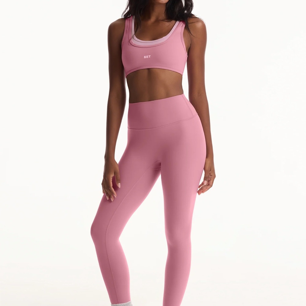NEW Set Active Large XL Pink Matching Set Glossy Leggings Double Layer Sport bra